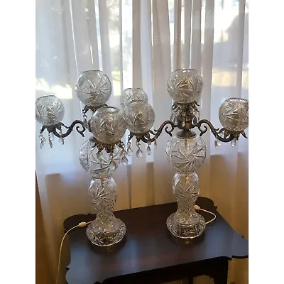 Antique Pair Of Cut Glass Crystal Hollywood Regency Triple Ball Table Lamps Banq • $2295