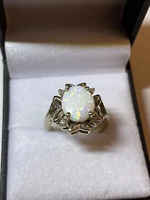 Vintage White Fire Opal Diamond 14K White Gold Ring • $556