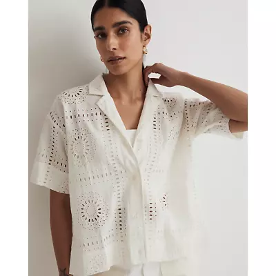 MADEWELL Womens Eyelet Camp Shirt XS White Button Short Sleeve NL291 NWT • $35