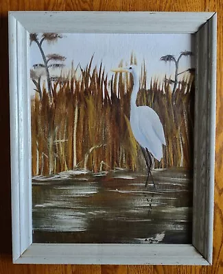Vtg Orig. Oil On Board Egret Bird Low Country Marsh Framed Painting 16.5x20 • $47.99