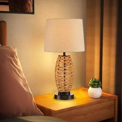 Dimmable Coastal Rattan Table Lamp Bedside Lamp With Bulb USB Living Room Office • $46.99