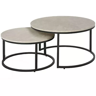 HOMCOM 2 Pcs Stacking Coffee Table Set Steel Frame Marble-Effect Top Foot Pads • £91.99