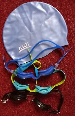 Zoggs Swimming Hat Blue And Goggles X 3 • £10