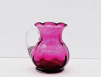  Vintage Hand Blown Cranberry Glass Pitcher Vase With Clear Applied Handle  • $13.99