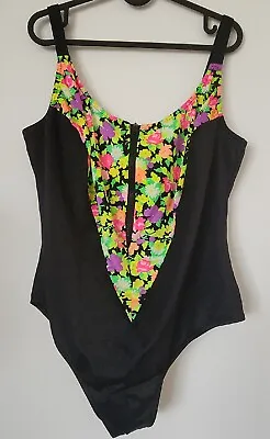 Vtg Union Made Zip Up One Piece Swimsuit  Neon Floral Sz 20W • $44.10