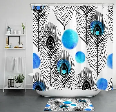  Beautiful Peacock Feather Watercolor Shower Curtain Bathroom Accessories Set • $9.99