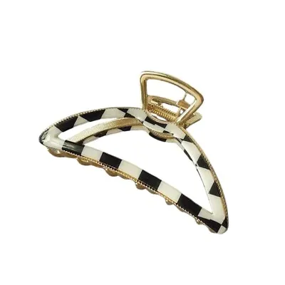 Black And White Curved Acetate Checks Pattern With Gold Details Hair Claw • $17.99