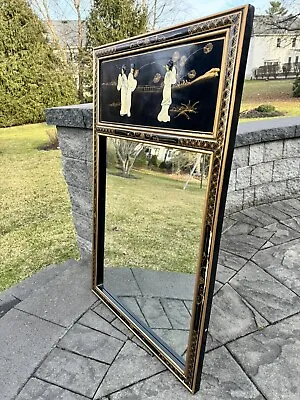 VTG Chinese Black Lacquer Mother Of Pearl Panel Oriental Mirror 38x24” • $449