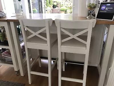 Ikea - White INGOLF Bar Stools With Backrest And Grey Cushions • £45