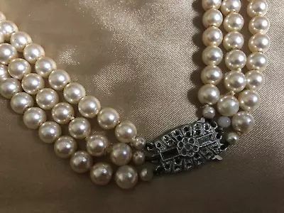 VINTAGE Multistrand Faux Pearl Necklace Choker Fancy Box Front Clasp #13 • £12.79