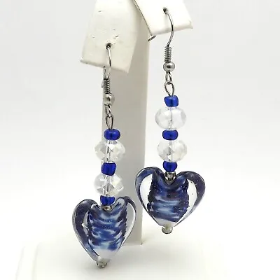 Murano Glass Blue White Sparkle Bead Crystal Puffy Heart Long Dangle Earrings • $42.75