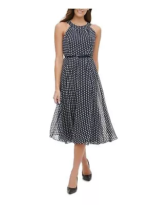$13.99 • Buy TOMMY HILFIGER Womens Navy Belted Polka Dot Halter Below The Knee Party Dress 10