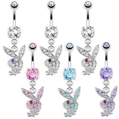 Genuine Playboy Gem Bunny Dangle Belly Bar 14g 10mm Clear Pink Aqua Purple  #PB2 • $12.20