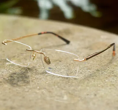 Gold Titanium Glasses Men Rimless Titanium Eyeglasses Gold Rectangular Glasses • $37.99