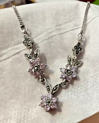 Pretty Sterling Silver 925 Marcasite And Pink/Purple Crystal Flower 16  Necklace • $24.99