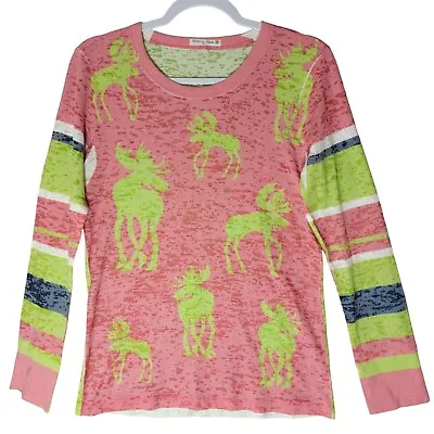 Sundance Whimsy Rose Pink Green Sublimation Moose Print Thermal Top Burnout Med • $28.02