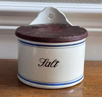 Vintage Porcelain Salt Box Wall Mount W/ Wood Lid • $29.99