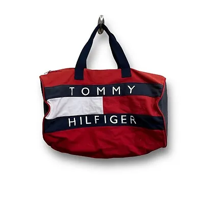 Vintage Tommy Hilfiger Big Flag Logo Gym Duffel Bag Red 20.5 X 13 • $27.46
