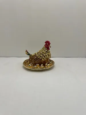 Mother Hen Hatching Eggs Hand Painted Bejeweled Hinged Trinket Jewelry Box • $20