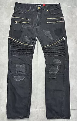 Makobi Biker Jeans Mens 34x32 Black Urban Streetwear Straight Leg Distressed • $26.99