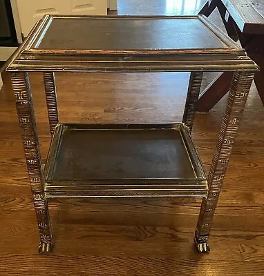 Vintage Wood & Ratton Two Tier Accent Side Table Lotus Carvings 24  • $120
