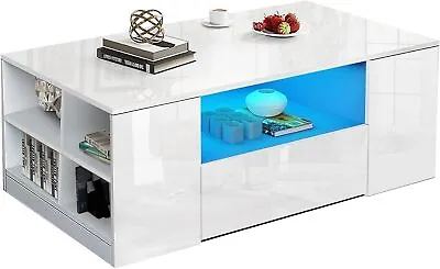 High Gloss Coffee Table With Storage 2 Drawer Wooden Living Room RGB LED Lights • £69.99