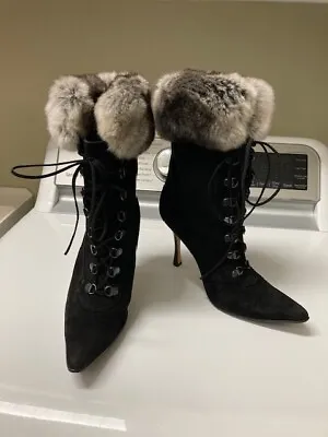 Manolo Blahnik Oklamod Black Suede Lace Up Fur Trim Boot Women's Size 39 • $575