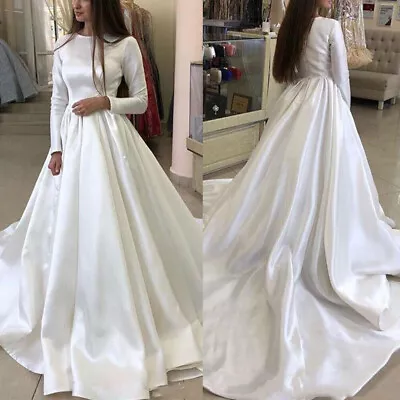 Muslim Wedding Dress Long Sleeve Satin Ruched Sweep Train Scoop Neck Bridal Gown • $134.99