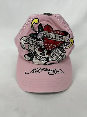 Vintage 90s Y2K ED HARDY Skull Love Kills Slowly Pink Trucker SnapBack Hat Cap • $32.99