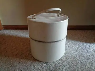 13  White Vinyl Hat Box Wig Case Travel Suitcase Carry Case Vtg AS IS Prop Retro • $50.95