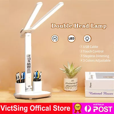 LED Desk Reading Lamp Table Lamp With Clock Temp Calendar USB Touch Night Light • $28.49