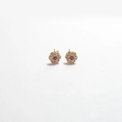 £31.24 • Buy Estate 14K Yellow Gold Natural Wine Red Ruby And Diamond Stud Earrings 0.10 Cts