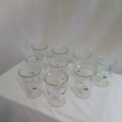 Set Of 9 BAMA Jelly Jars White Ducks Blue Bows Juice Glasses Vintage - 4  Tall • $60