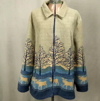 Fashion Classics Moose & Trees Fleece Jacket Zip Front Collared Tan & Blue XXXL • $24.99