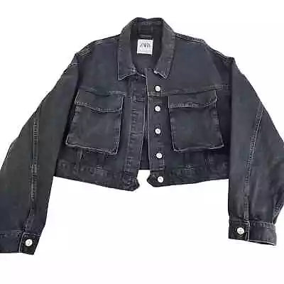 Zara Cropped Denim Jacket Size Large Black Large Boxy On Trend  • $55