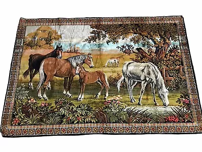 Vintage  Large Velvet Wall Hanging Tapestry Wild Horse Family 1970s • $55