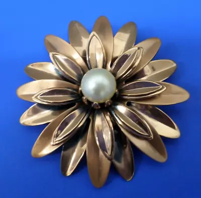 Vintage Matisse RENOIR Signed ANEMONE Flower Faux Pearl Copper 2.5  Brooch Pin • $20