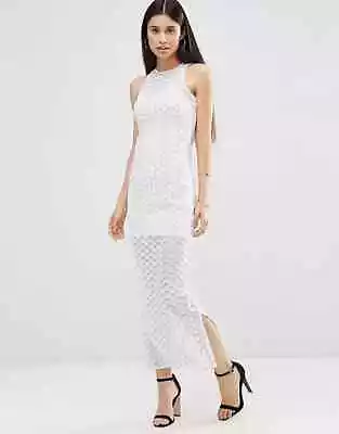 Oh My Love White Crochet High Neck Summer Slim Maxi Dress S (UK6) • £15