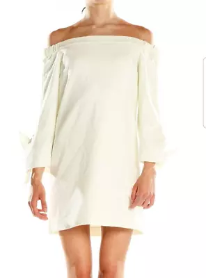 TIBI Size 8 Crepe Solid Ivory Off The Shoulder Tie Sleeve Shift Dress Size 8 • $29.93