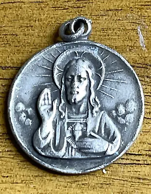 VINTAGE CREED Sterling Silver Jesus Sacred Heart Scapular 2 Sided Medal • $42.50