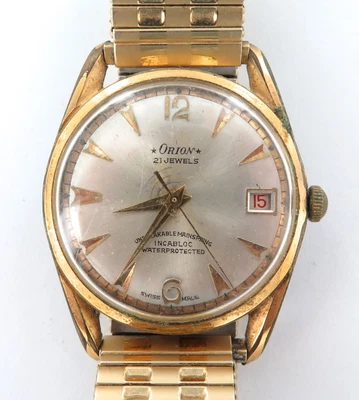 $85 • Buy 1960s Orion 21J Cal. 72-4 Incabloc Date Manual Wind Waterproof Mens Watch. 