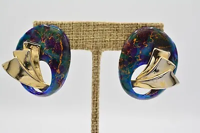 Vintage Enamel Earrings Abstract Multi-Color Metal Gold Tone Chunky 1980s BinAK • $18.36