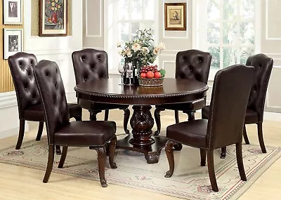 Brown Cherry Dining Room Furniture 7pc Set Round Table Leatherette Tufted Chairs • $2699.99