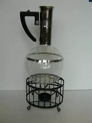 Mid Century INLAND GLASS Black Silver Coffee Carafe Metal Warmer Stand Cork Lid • $21.99