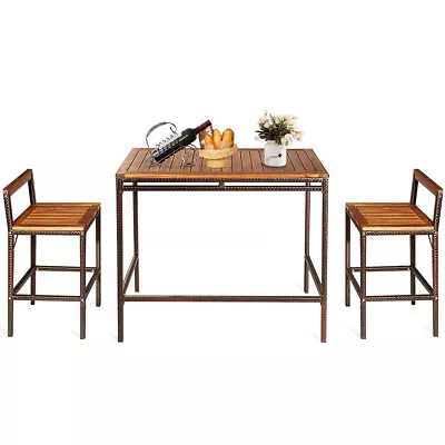 3 PCS Patio Rattan Wicker Bar Dining Furniture Set Wood Table Chair Outdoor • $169.99