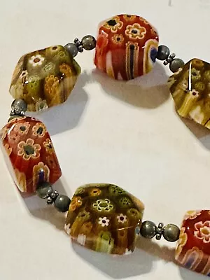 Vintage Sterling 925 Millefiori Murano Glass Chunky Toggle Bracelet • $22