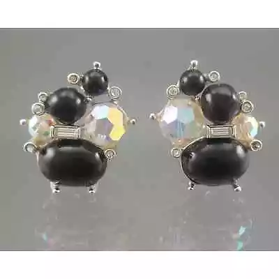 Vintage Marvella Clip Earrings AB Glass Bead Black Lucite Rhinestone Silver Tone • $20
