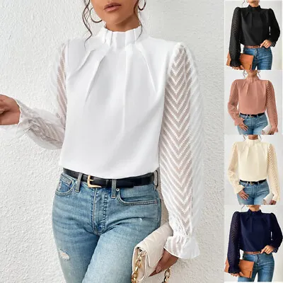 Women Sheer Lace T-Shirts Tee Ladies Work High Neck Long Sleeve Tops Blouse SIZE • £13.13
