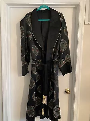 Medallion Deco Asian Black Embroidered Smoking Jacket Long Robe- Lined • $110