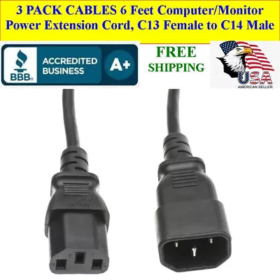 3 PACK Computer And Monitor Power Extension Cord C13 To C14 10A 6Ft Cable • $28.95